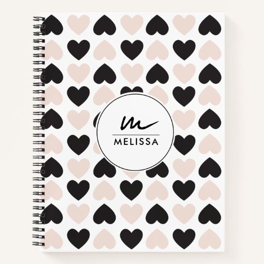 Moderne Blush Roze Zwart Liefde Harten Monogram Notitieboek (Voorkant)