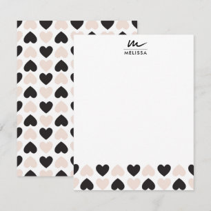 Moderne Blush Roze Zwart Liefde Harten Monogram Notitiekaartje