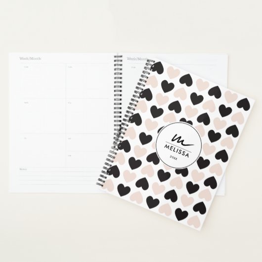 Moderne Blush Roze Zwart Liefde Harten Monogram Planner (Display)