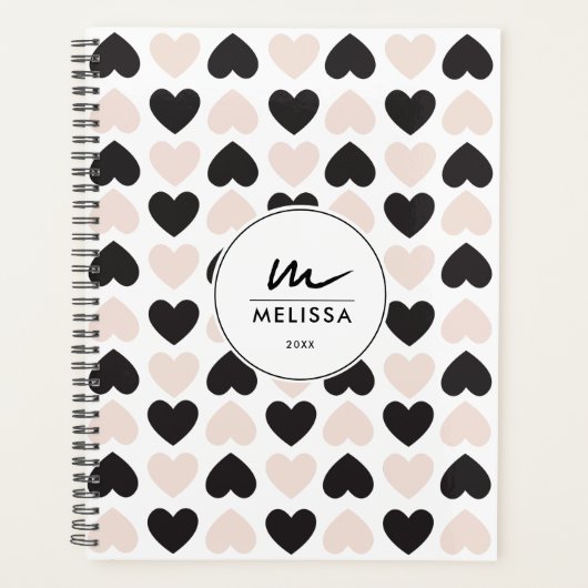Moderne Blush Roze Zwart Liefde Harten Monogram Planner (Voorkant)