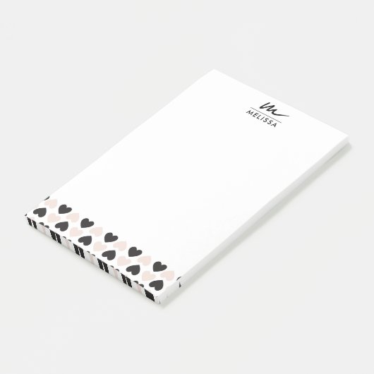 Moderne Blush Roze Zwart Liefde Harten Monogram Post-it® Notes (Schuin)