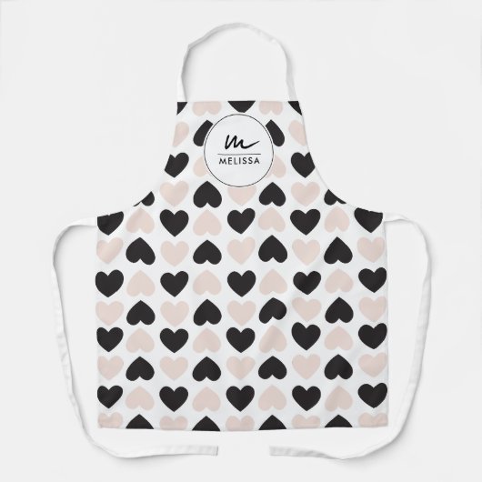 Moderne Blush Roze Zwart Liefde Harten Monogram Schort (Voorkant)