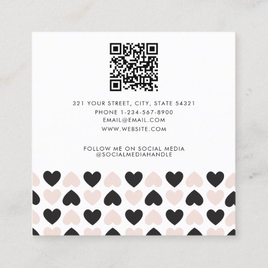 Moderne Blush Roze Zwart Liefde Harten QR Code Vierkante Visitekaartje (Achterkant)