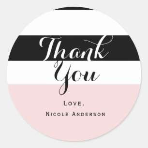 Moderne Blush Roze Zwart & Witte Streep Feestje Ronde Sticker