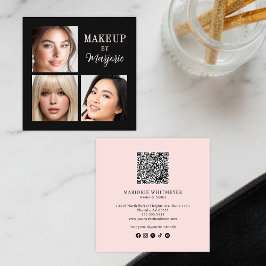 Moderne Blush Roze Zwarte Script 3 Foto Make-up Vierkante Visitekaartje