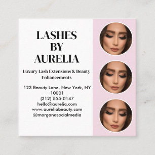 Moderne Blush Roze Zwarte Script 3 Foto Wimpers Vierkante Visitekaartje