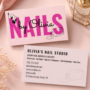 Moderne Blush Roze Zwarte Script Lijn-Kunst Nagel Visitekaartje