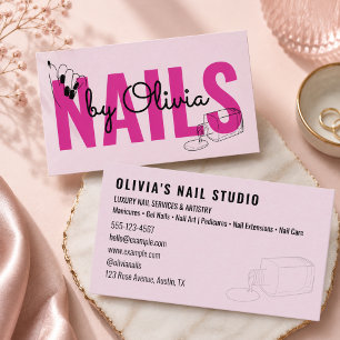 Moderne Blush Roze Zwarte Script Lijn-Kunst Nagel Visitekaartje