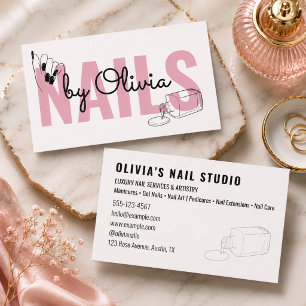 Moderne Blush Roze Zwarte Script Lijn-Kunst Nagel Visitekaartje