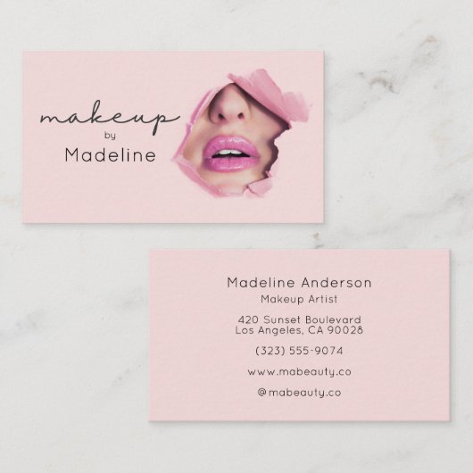 Moderne Blush Roze Zwarte Script Make-up Visitekaartje (Voorkant / Achterkant)