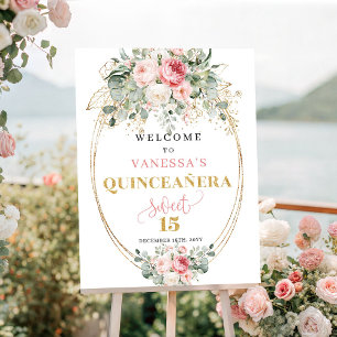 Moderne Blush Rozen Gouden Quinceañera Welkom Poster