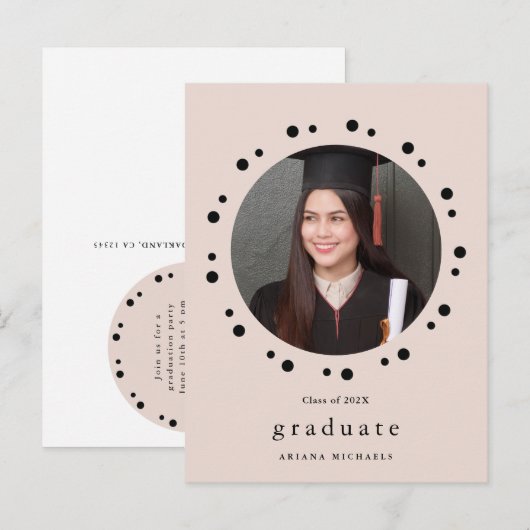 Moderne Blush Stippen Foto Afstuderen Uitnodigen Aankondigingskaart (Voorkant / Achterkant)