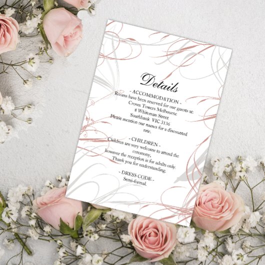 Moderne Blush Swirls Elegant Wedding Details Informatiekaartje