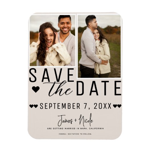 Moderne Blush Tan Save the Date 2 Foto Bruiloft Magneet (Verticaal)