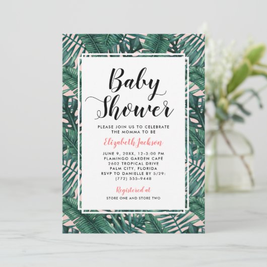 Moderne Blush Tropische Palm Bladeren Baby Meisje  Kaart (Staand voorkant)