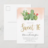Moderne Blush Waterverf & Cactus Sweet 16 Uitnodiging Briefkaart (Voorkant / Achterkant)