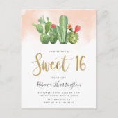 Moderne Blush Waterverf & Cactus Sweet 16 Uitnodiging Briefkaart (Voorkant)