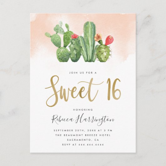 Moderne Blush Waterverf & Cactus Sweet 16 Uitnodiging Briefkaart (Voorkant)