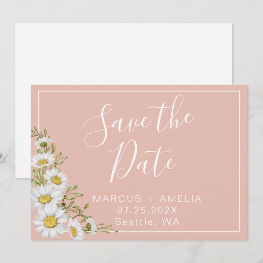 Moderne Blush & White Daisies Save The Date (Voorkant / Achterkant)