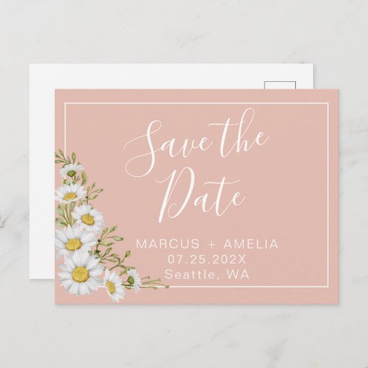 Moderne Blush & White Daisies slaan de datum op Aankondigingskaart (Voorkant / Achterkant)