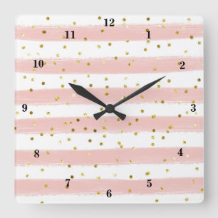Moderne Blush, White, Stripes, Gold Confetti Clock Vierkante Klok