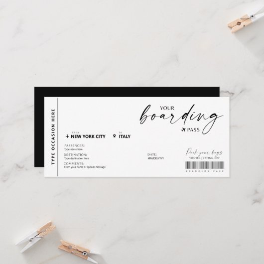 Moderne boarding pass verrassingsvliegticket (Voorkant / Achterkant in situ)