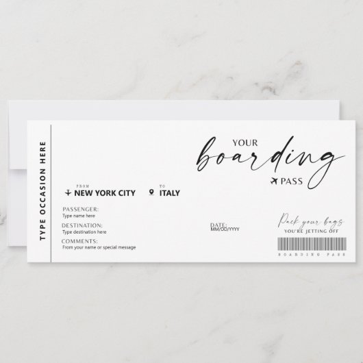 Moderne boarding pass verrassingsvliegticket kaart (Voorkant)
