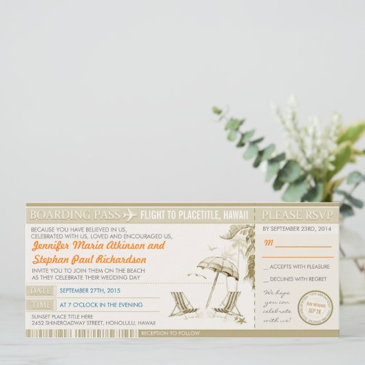 Moderne boardingpass tickets huwelijksuitnodiginge kaart (Staand voorkant)