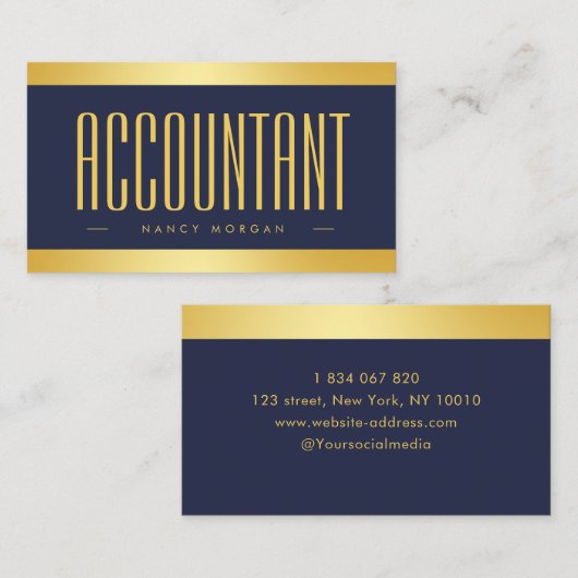 Moderne boekhouder Marine blauw en goud Visitekaartje (Voorkant / Achterkant)