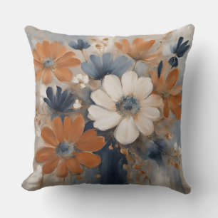 Moderne boerderij in navyblauw oranje bloemmotief kussen