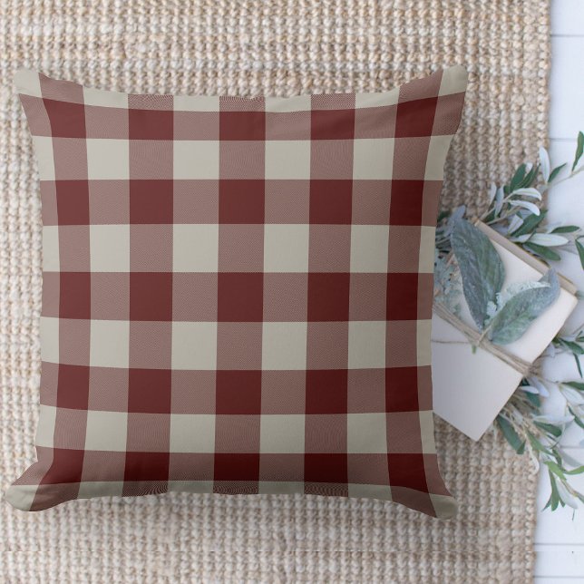 Moderne Boerderij Rood & Beige Buffelbank Plaid Kussen (Modern farmhouse throw pillow burgandy and beige buffalo plaid couch pillow )