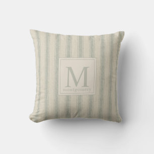 Moderne boerderij Ticking Monogram Sage Groen Kussen