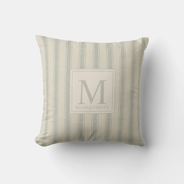 Moderne boerderij Ticking Monogram Sage Groen Kussen (Voorkant)