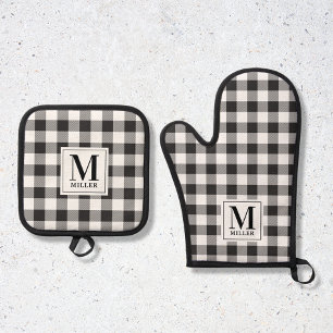 Moderne boerderij zwart Buffalo geruit monogram Ovenwant & Pannenlap Set