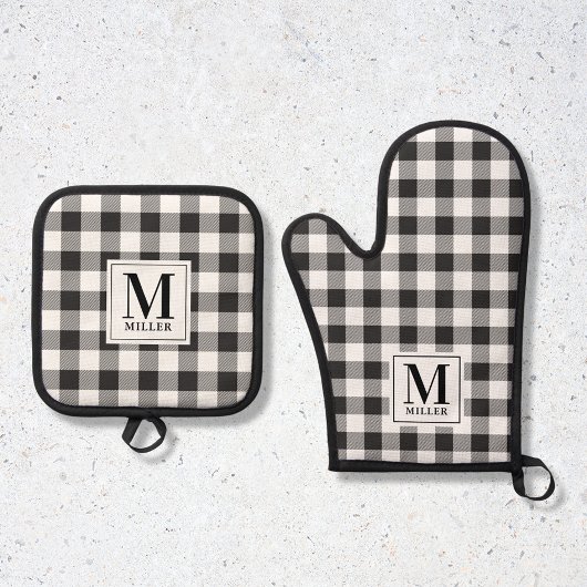 Moderne boerderij zwart Buffalo geruit monogram Ovenwant & Pannenlap Set