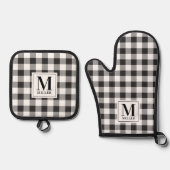 Moderne boerderij zwart buffel check monogram ovenwant & pannenlap set (Voorkant)