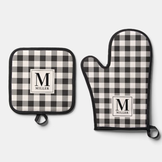 Moderne boerderij zwart buffel check monogram ovenwant & pannenlap set (Voorkant)