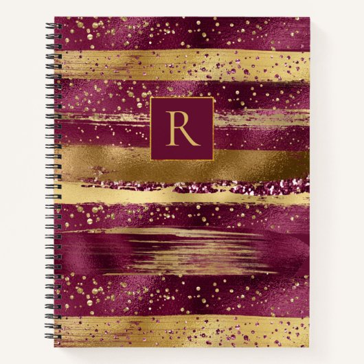 Moderne bogundy, gouden borstelstrokken en monogra notitieboek (Voorkant)
