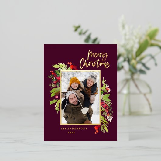 Moderne bogungnige foliage elegante foto Kerstmis Folie Feestdagen Briefkaart (Staand Voorkant)