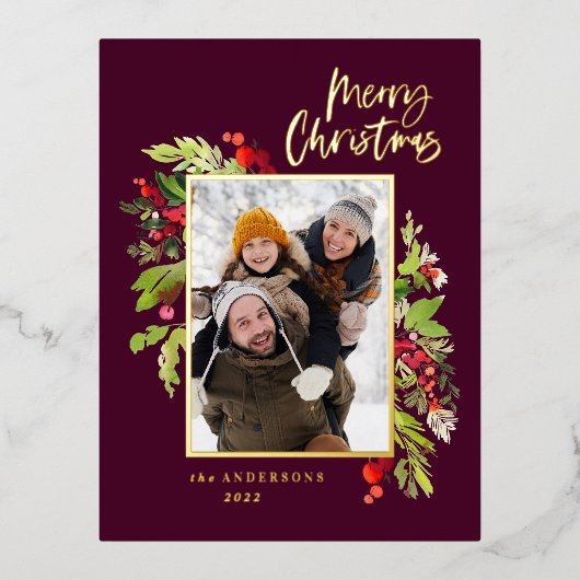 Moderne bogungnige foliage elegante foto Kerstmis Folie Feestdagen Briefkaart (Voorkant)