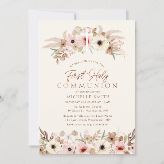 Moderne Boheemse Bloemen Eerste Heilige Communie Kaart (Voorkant)