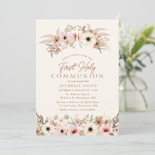 Moderne Boheemse Bloemen Eerste Heilige Communie Kaart (Staand voorkant)