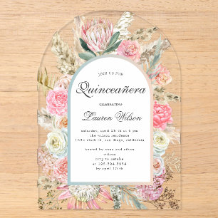 moderne boheemse bloemige quinceanera fotokaart acryl uitnodigingen