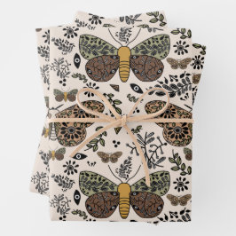 Moderne Boheemse Moth Wildflowers Abstract patroon Inpakpapier Vel