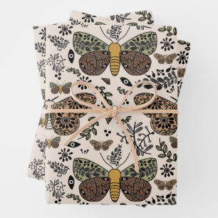 Moderne Boheemse Moth Wildflowers Abstract patroon Inpakpapier Vel