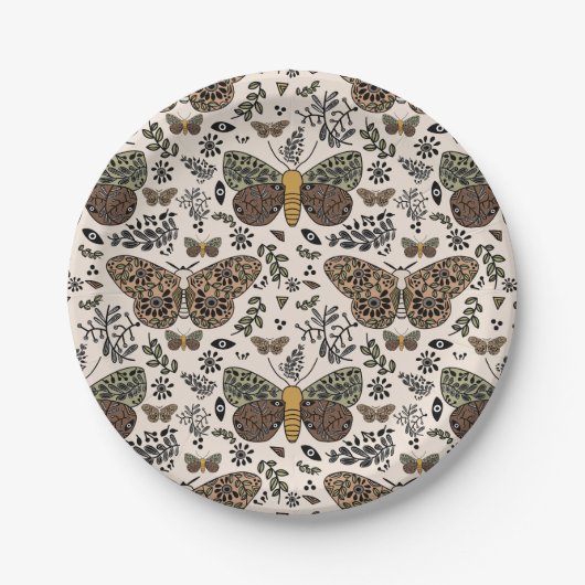 Moderne Boheemse Moth Wildflowers Abstract patroon Papieren Bordje (Voorkant)