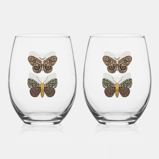 Moderne Boheemse Moth Wildflowers Abstract patroon Wijnglas Zonder Voet (Achterkant)