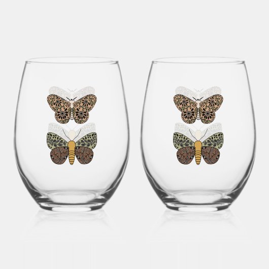 Moderne Boheemse Moth Wildflowers Abstract patroon Wijnglas Zonder Voet (Voorkant)