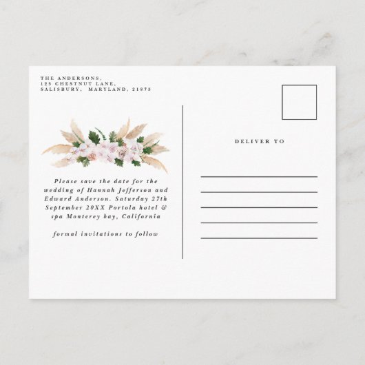 Moderne boheemse pampagras orchidee huwelijksaanko aankondigingskaart (Achterkant)