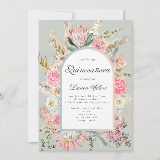 moderne bohemen floral quinceanera-fotokaart save the date (Voorkant)